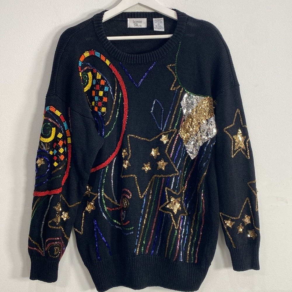 Vtg 90s Celestial Sweater Medium Beaded Sequin Stars Rainbow Knit Pullover